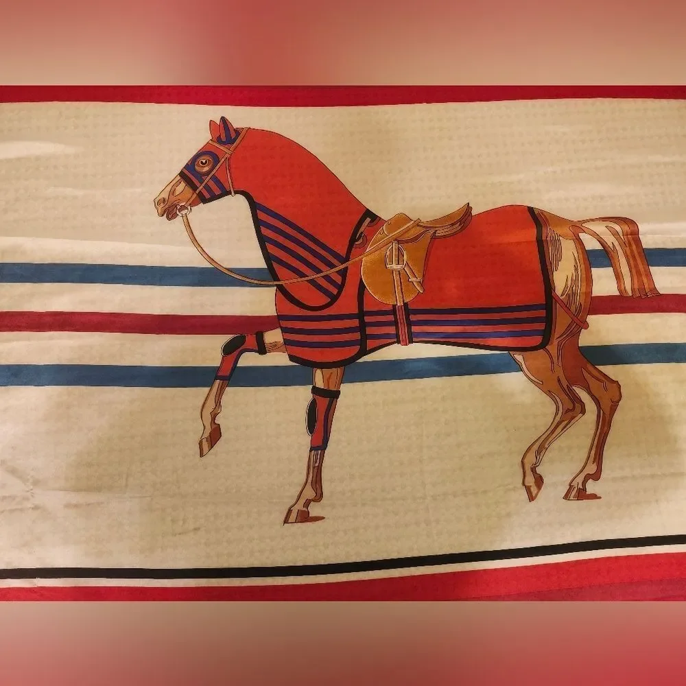Oversized 100% Silk Equestrian Horse Print Scarf Bold Red Border Ret. 125€/$150